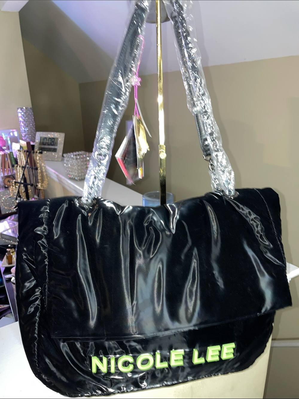 Nicole Lee Black Shoulder Bag with Neon Green Logo